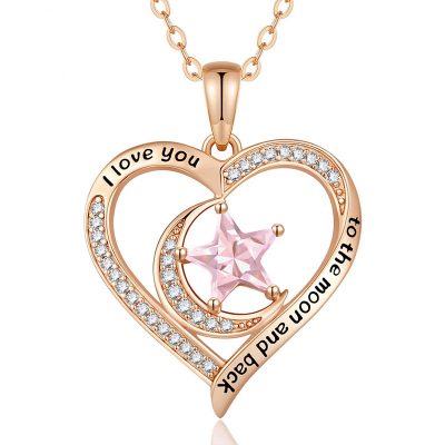 Gold Plated Swarovski Hart ketting maan & ster roze