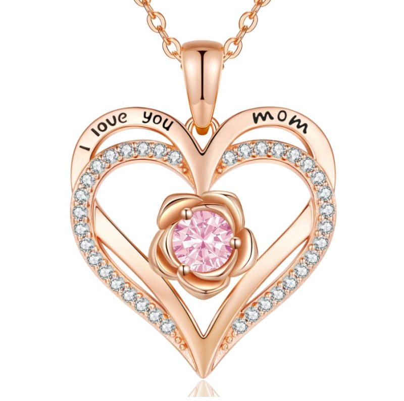 Gold Plated Swarovski 'Mama' Hart ketting met roze bloem